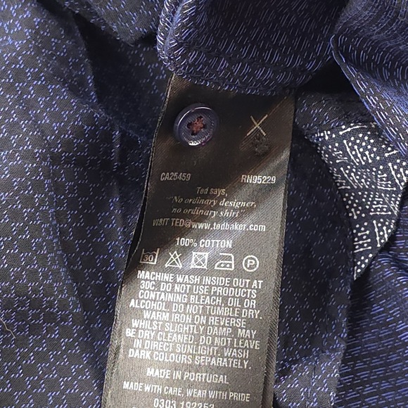 Ted Baker Shirt 5 Blue Geometric Long Sleeve Point Collar Button Up Cotton - Picture 7 of 9